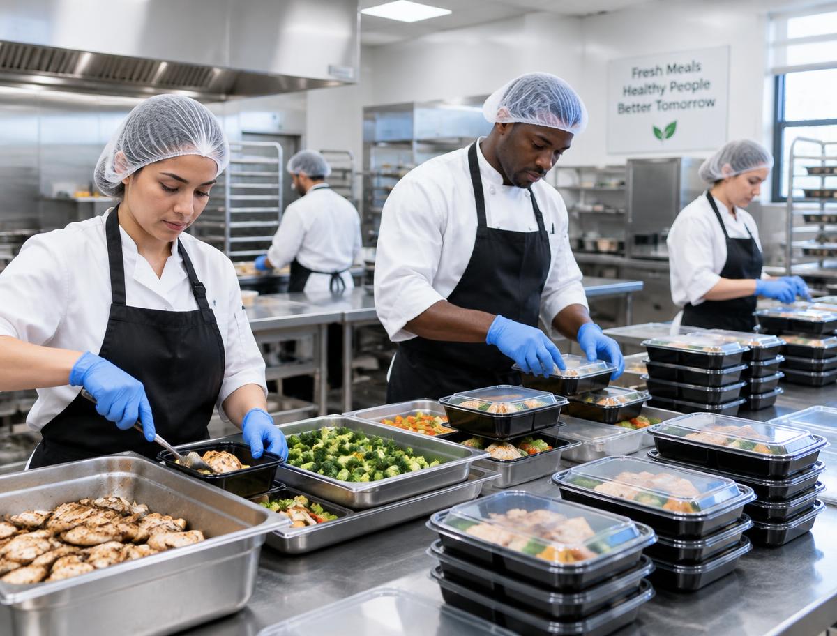 Kitchen staff portioning meals into sealed containers